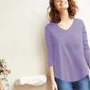 Poetsky Women's V Neck 3/4 Sleeve T Shirt Casual Loose Basic Tops Summer Tee Blouses (L)