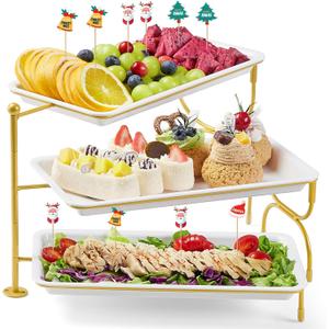 Lifewit 3 Tier Serving Tray for Party, 12" x 6.5" Plastic Tiered Food Serving Platters, White Rotatable Tiered Tray Stand with Gold Collapsible Metal Stand, Dessert Table Display Set for Buffet