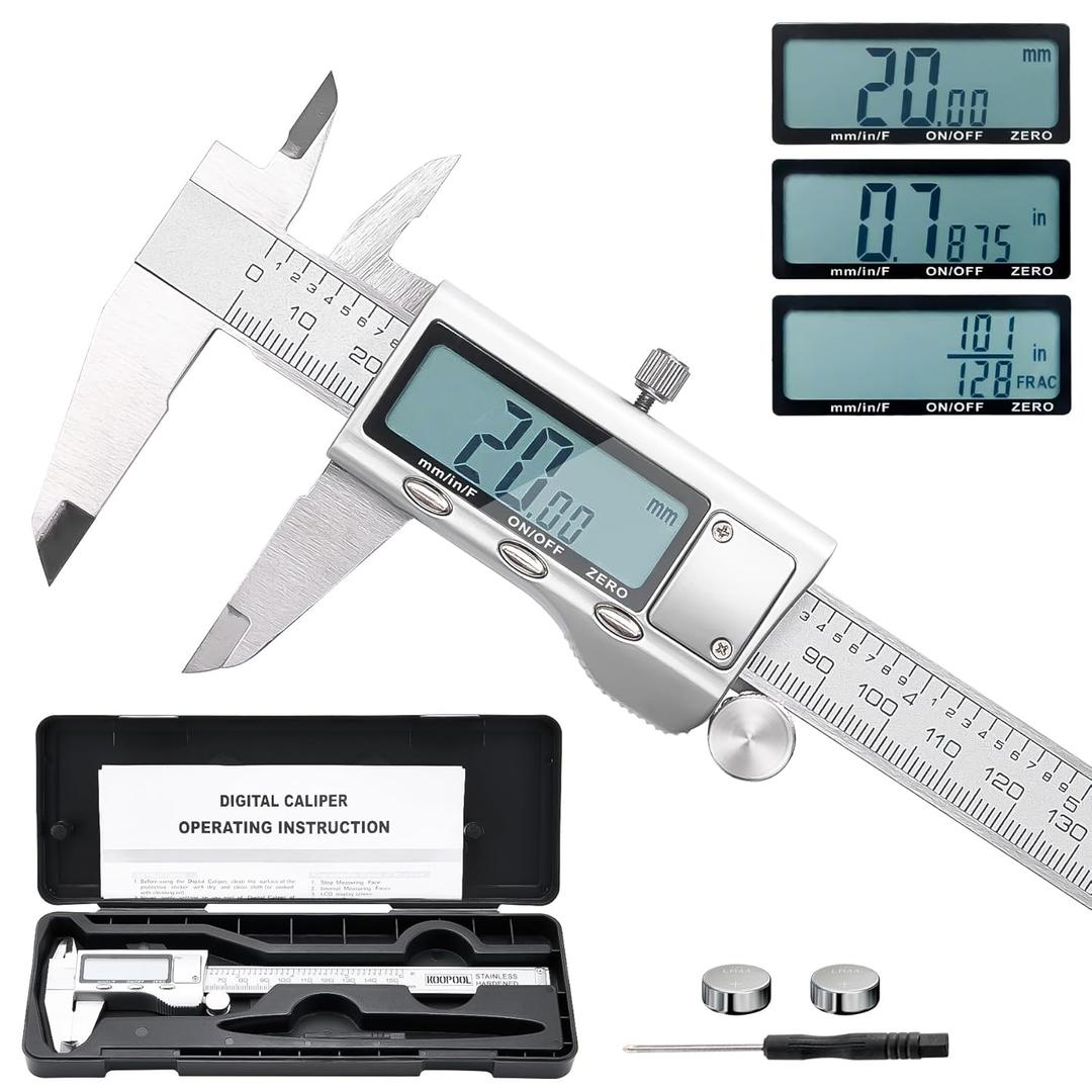Digital Caliper Measuring Tool, 6 Inch Vernier Caliper Digital Micrometer with Extra Large LCD Screen, Switch from Inch Metric Fraction, Stainless Steel Caliper Measuring Tool for DIY/3D Printing