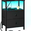 Nightstand with Charging Station, End Table with 2 Fabric Drawers, LED Night Stand for Bedroom, Small Bed Side Table with USB Ports and Outlets for Living Room, Black, HETS02BK-1