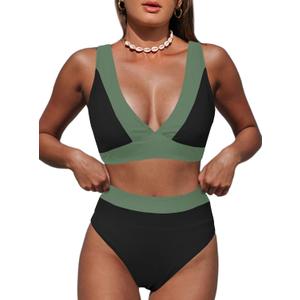 Hilinker Women's Leopard Bikini Swimsuits V Neck High Waisted 2 Piece Bathing Suits (Black Green Colorblock, S)