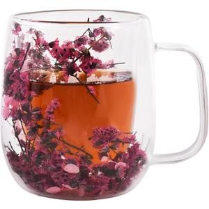 Real Flower Glass Tea Cup, Double Wall Borosilicate Coffee Mug with Preserved Flowers, Clear Aesthetic Floral Glassware, Romantic Gift for Women, Mom, Girlfriend, Mothers Day & Womens Day