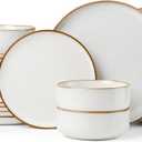 Herogo 24 Pieces Stoneware Dinnerware Dishes Set for 8, Kitchen Handmade Dining Plates and Bowls Sets, Double Reactive Glaze, Microwave & Dishwasher Safe, Scratch Resistant, Ivory White