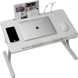 INHABIT UNION Folding Laptop Desk for Bed with Drawer,Folding Lap Desk with Adjustable Heights and Angles for Working Reading Writing,Bed Sofa Couch Laptop Table with USB Light Fan 23.6in (White)