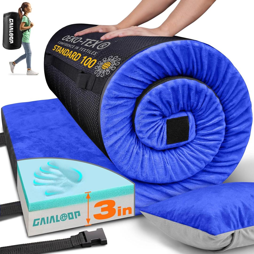 GAIALOOP 3 Inch Memory Foam Camping Mattress, Dual Layer Thick Sleeping Camp Pad for Car Tent Cot, Roll-Up Portable Glamping Floor Bed for Guests Sleepover, Twin: 75*38*3"
