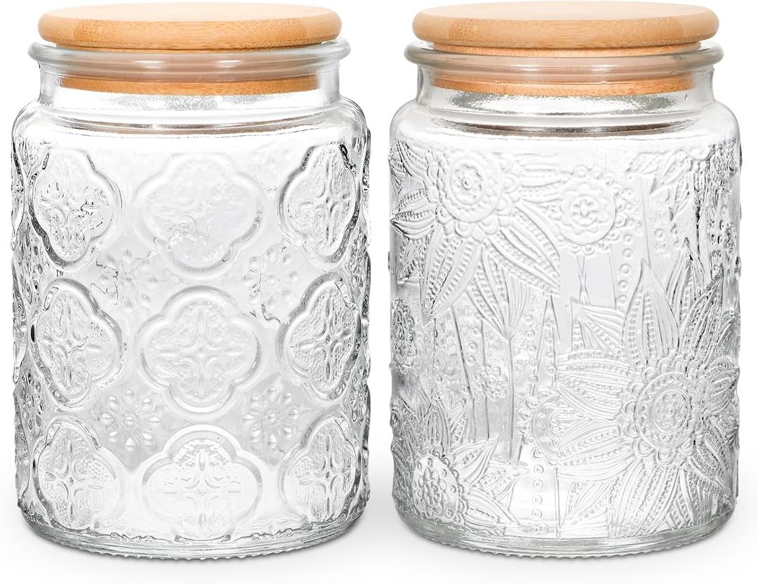 BEWAVE Vintage Glass Jar, 24oz Food Storage Containers Clear Mason Jars With Airtight Lid for Kitchen Counter,Coffee, Tea, Sugar, Candy, 2 Pack