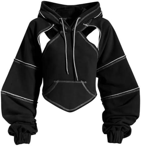 Pooyikoi Crop Hip Hop Hoodies Women Pullover Spring Autumn Cutout Backless Bandage Short Hooded Sweatshirt Tracksuit M