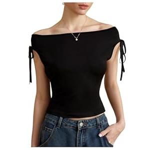 Women's Off The Shoulder Crop T Shirt Ruched Short Sleeve Y2k Going Out Tops Black Small