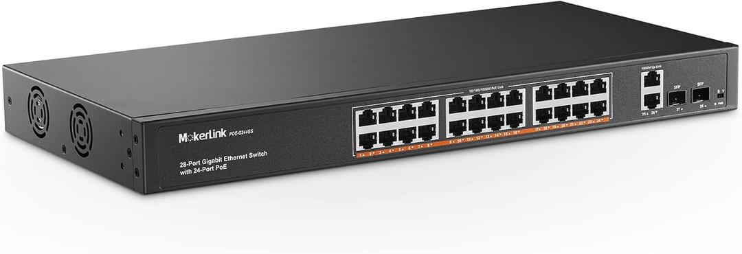 MokerLink 24 Port Gigabit PoE Switch, 2 Gigabit Ethernet Uplink, 2 Gigabit SFP, 400W IEEE802.3af/at, Rackmount Unmanaged Plug and Play Network Switch
