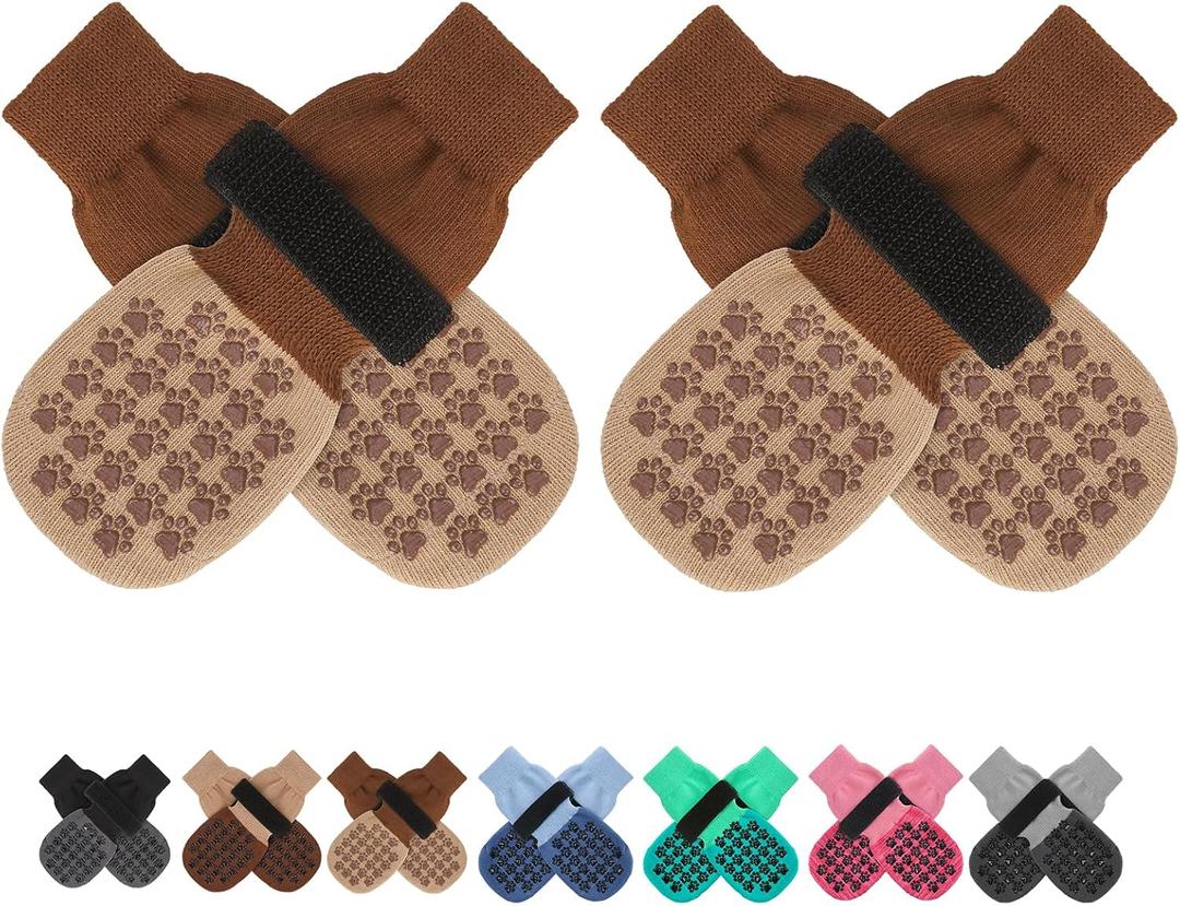 SCENEREAL Dog Socks to Prevent Licking Paws for Hardwood Floors Anti Slip, Dog Grippy Socks Shoes for Senior Small to Large Dogs, Dog Boots & Paw Protectors for Hot/Cold Scratching Pavement (M(Paw Width 2.5in), Two Color(Pack of 4)-Brown)