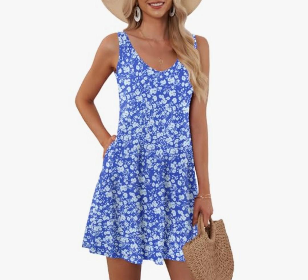 AUSELILY Women's Sleeveless V Neck Mini Dress With Drawstring Beach Cover Up Swimwear Bathing Suit Sundresses with Pockets 2025 New Floral Blue Size M
