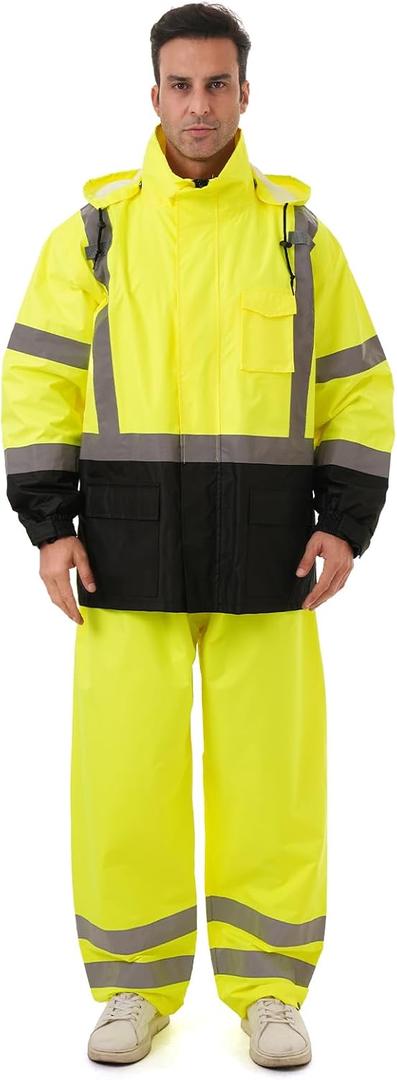 Hi Vis Safety rain Jacket Reflective Class 3 Rain Coat With Inner Mesh Lining and Pockets High Visibility Waterproof Work Rain Suits for Men&Women, Lime,LG/XL