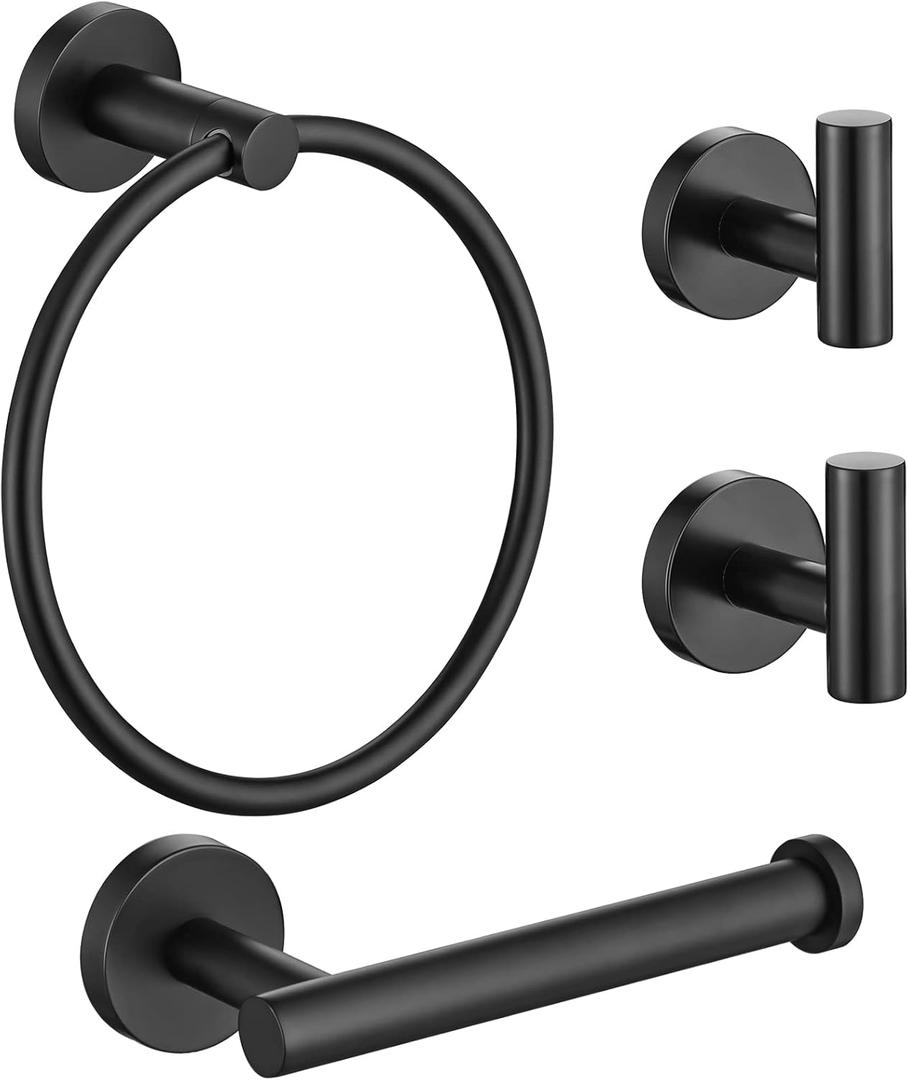 Lairuier Bathroom Hardware Set, 4-Piece Towel Bar Set Include Toilet Paper Holder,Towel Ring and 2 Towel Hooks Stainless Steel Wall Mounted Bathroom Hardware Accessories Set (Matte Black) (Black a)