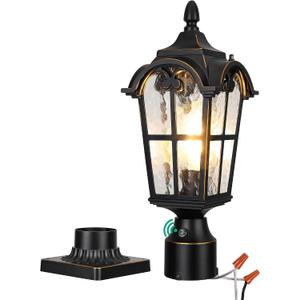 EDISHINE Dusk to Dawn Outdoor Post Light with Pier Mount Base, Hardwired Black Roman Waterproof Pole Lantern Fixture, Water Ripple Glass Exterior Lamp Post Light for Driverway, Patio, Pathway
