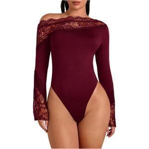WDIRARA Women's Lace One Shoulder Long Sleeve Bodysuit Dressy Off The Shoulder Leotard Tops (Burgundy, S)