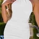 BEAGIMEG Women's Sexy Bodycon Sleeveless Backless Ruched Halter Neck Party Club Cocktail Midi Dress (White, M)
