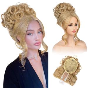 REECHO Messy Bun Hair Piece with Bangs - 2-in-1 Hair Bun Hairpieces Curly Updo Wig & Hair Topper with Long Side Bangs Natural-Looking Drawstring Ponytail Extension for Women - Honey Blonde