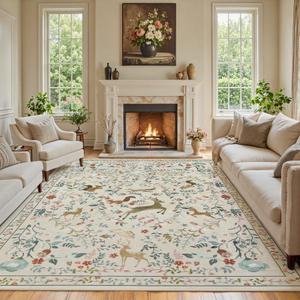 9x12 Area Rugs Washable Rug: Large Boho Living Room Rug Soft Non-Slip Low Pile Carpet Indoor Floor Non-Shedding Neutral Floral Carpets for Bedroom Dining Room Farmhouse Nursery Beige Animal
