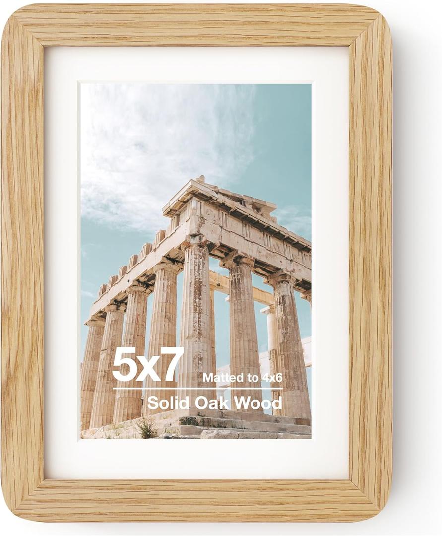 5x7 Picture Frame | Solid Oak Wood 5x7 Photo Frame With Mat For 4x6 | Plexiglas And Hanging Hardware Included | Natural Oak, 1 Pack