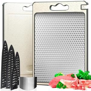 Pure 316 Stainless Steel Cutting Board Full Kit | Non-Toxic Scratch Resistant Chopping Boards for Kitchen | Dual Sided Metal & Wheat Straw with Knife Guards & Sharpener, Finger Guard, Juice Groove