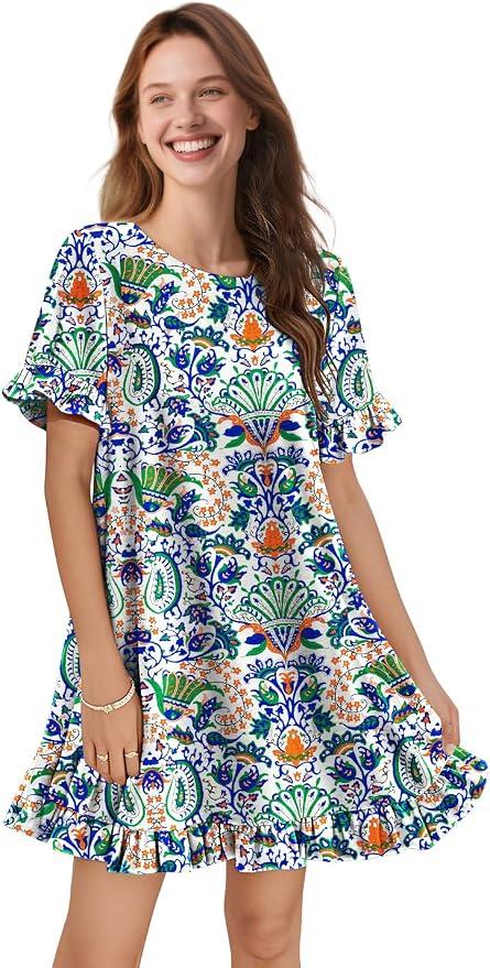YESNO Summer Dresses for Women 2026 Floral Boho Ruffle Short Sleeve Sundresses Casual Shift Dress ESA, XL