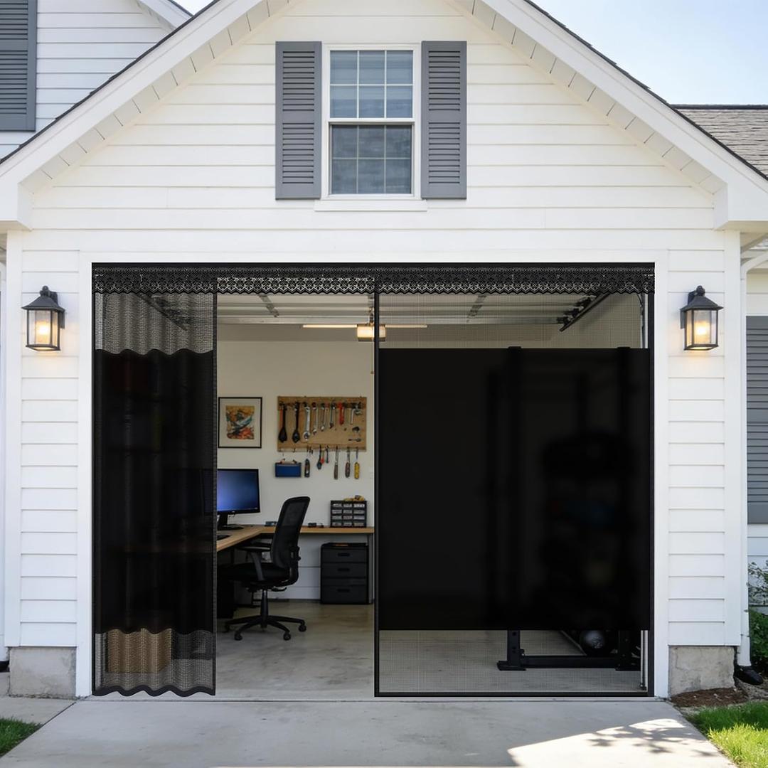 Privacy Garage Door Screen for Single Car Garage 8x7ft - Retractable Slide Track System, Heavy Duty PET Mesh with Blackout Privacy Panel, Magnetic Closure, Keeps Bugs Out, Fits Garage Opening 8 x 7 Ft