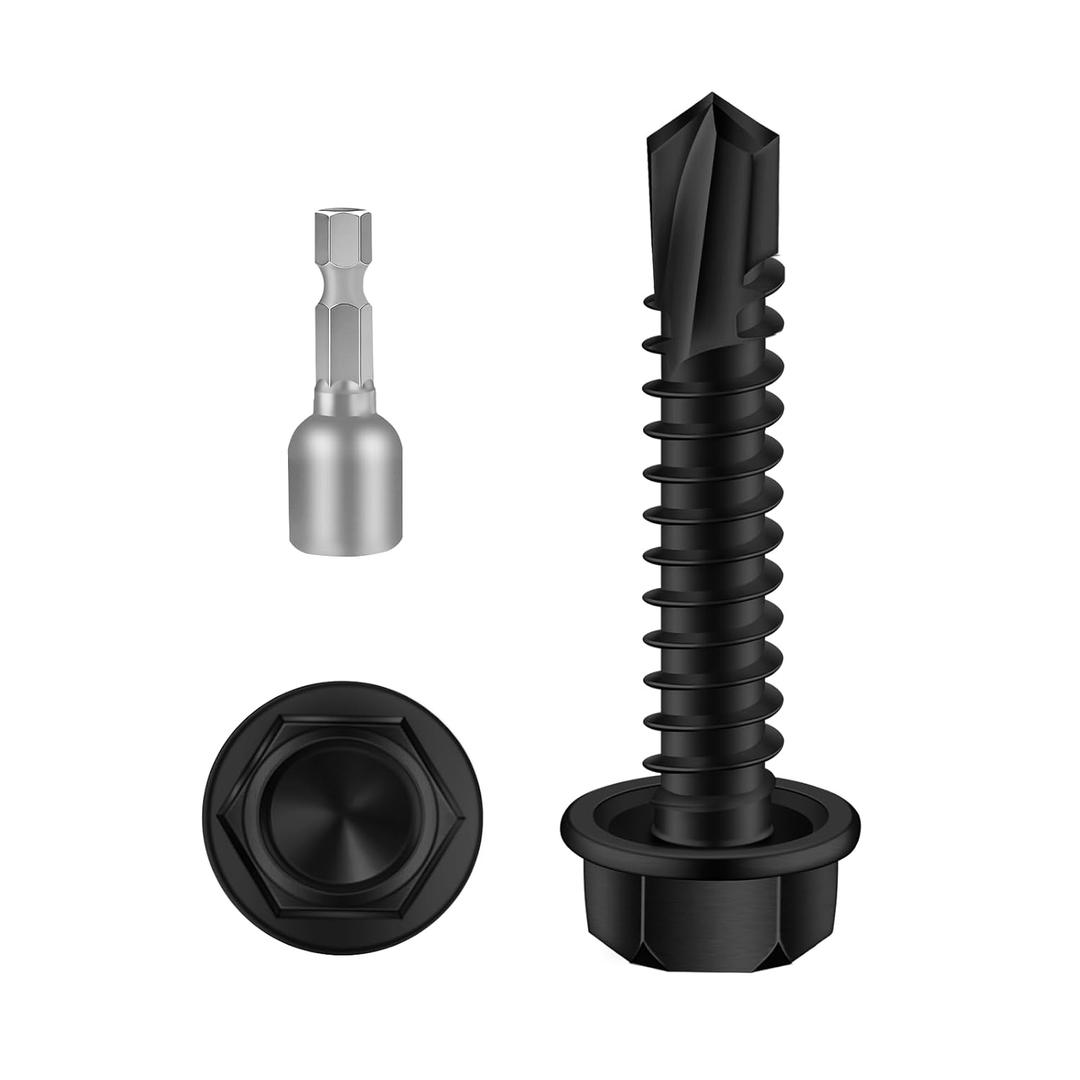 Mellewell #10 x 1-1/4" Hex Washer Head Self Drilling Screws, 410 Stainless Steel Self Tapping Sheet Metal Screws, Black Finish, 50 PCS