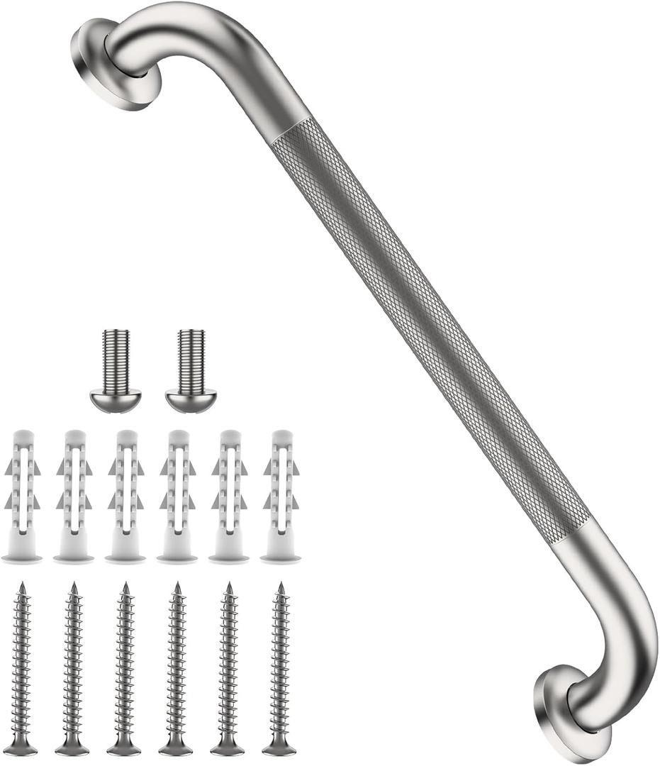 Shower Grab Bar 16 Inch, iHansee Brushed Nickel Bathroom Grab Bar w/Anti-Slip Knurled Grip, Stainless Steel Bath Safety Bars Support Handrail for Senior Elderly, Toilet Bathtub Balance Handle for Wall