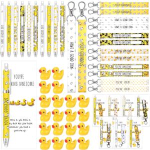 Spakon 72 Pcs Duck Pens Gifts Sets Include Yellow Lanyard Inspirational Key Chains Cute Ballpoint Pen Resin You're Awesome Cards Bookmarks for Duck Lovers Students School Supplies