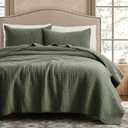 WDCOZY 100% Cotton Twin Size Quilt Set - Olive Green Striped Pick Stitch Soft Lightweight Bedspread, Textured Like Linen, Farmhouse Country Rustic Coverlet, Shabby Chic Gauze Bedding, 2 Pieces (Twin (68"x86"))
