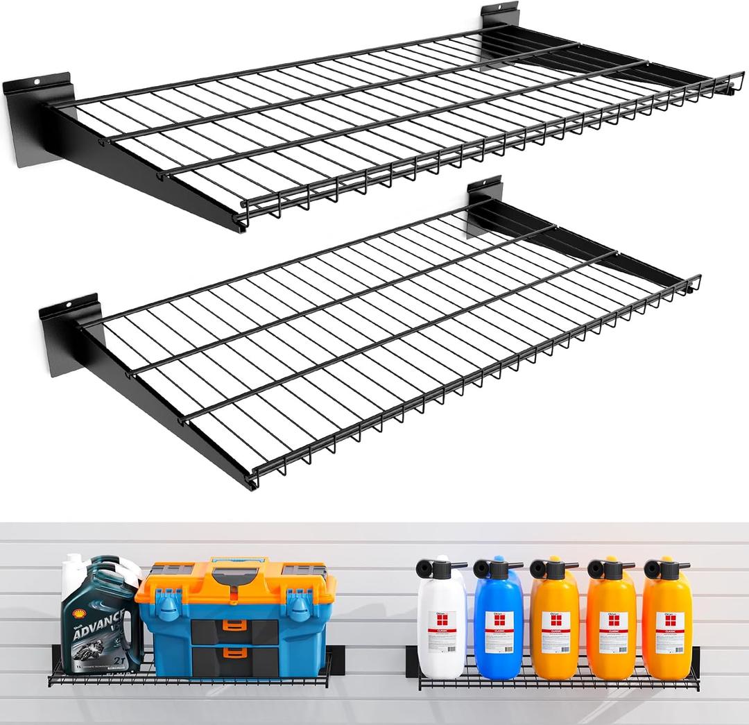 2 Pack Slatwall Shelves 24X16.5 Inch, Heavy Duty Metal Slat Wall Wire Shelf for Retail, Garage, Home Storage, Universal Slatwall Accessories (2PC, Black)