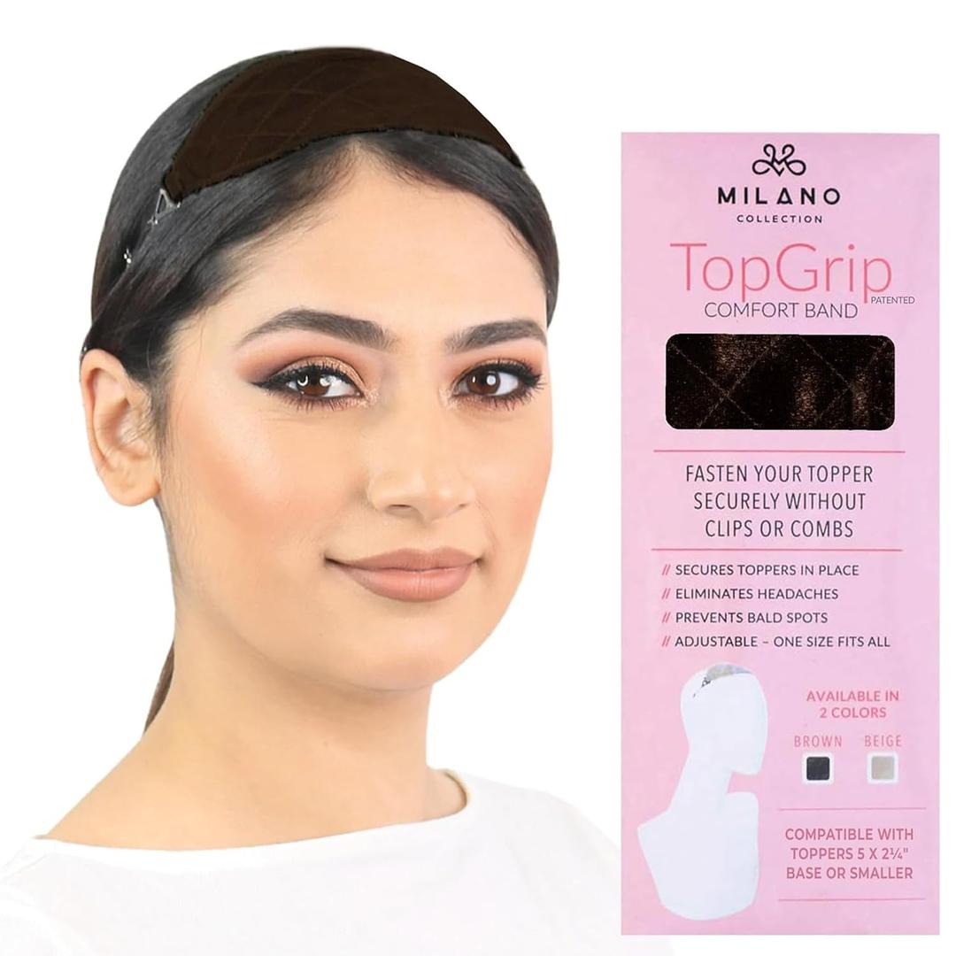 MILANO COLLECTION Glueless Top Grip for Hair Topper & Wiglets, Adjustable Translucent Strap with Side Openings, Top Headband for Your Wig or Topper, Includes Clips, Brown, Small