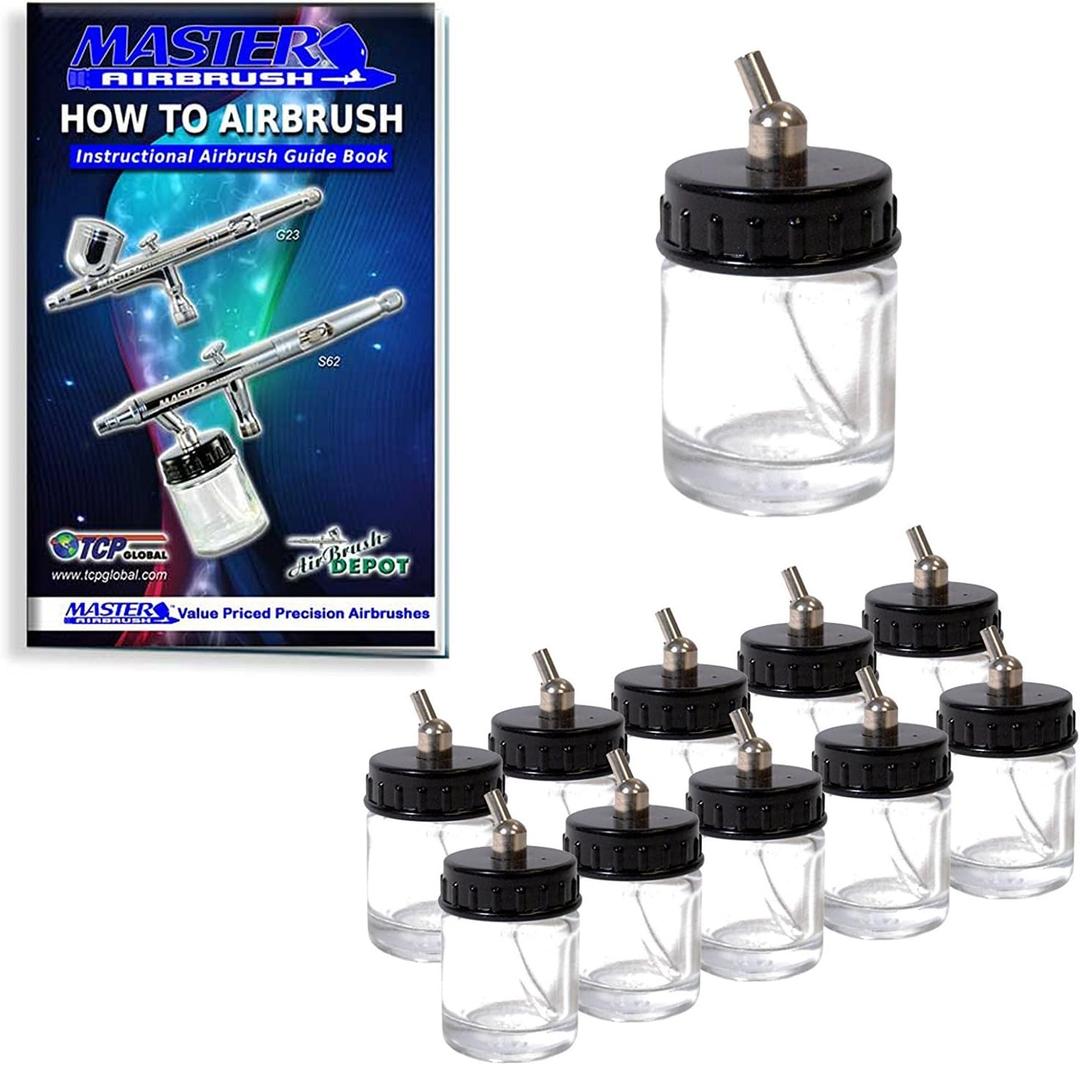 Master Airbrush (Pack of 10) TB-002 Empty 3/4 Ounce (22cc) Glass Jar Bottles with 30 Down Angle Adaptor Lid Assembly - Fits Dual-Action Siphon Feed Airbrushes, Use with Master, Badger, Paasche, Iwata