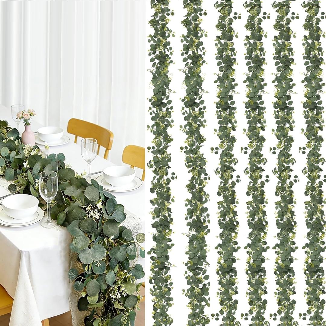 6Pcs Eucalyptus Garland, 6FT Green Garland with Flowers, Artificial Faux Greenery Vines for Wedding Party Table Centerpieces Runner Room Home Mantle Decor
