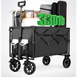 Quindom Collapsible Folding Wagon,Outdoor Camping Cart with 360-degree Universal Wheels,Beach Cart Large 150L Capacity & 330LBS Load for Sports, Shopping, Gardening,Camping(Black)