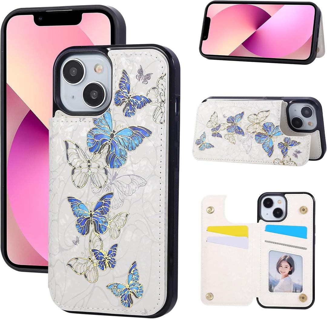 UEEBAI Wallet Case for iPhone 14 with Card Holders, PU Leather Cover Kickstand RFID Blocking Double Magnetic Clasp Rilievo Flower Shockproof Flip Case for Women Girls - Blue Butterfly