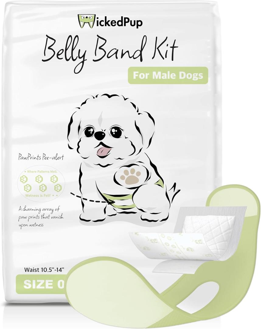 WICKEDPUP Male Dog Belly Band Kit, 50 Diaper Pads & 1 Reusable Male Wrap (Size 0 (10.5"-14" Waist))