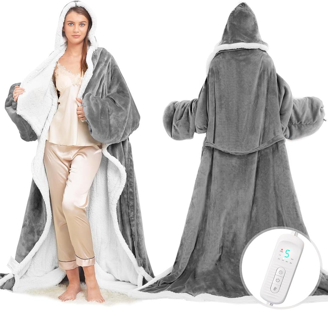 Wearable Heated Blanket with Foot Pocket, Electric Wearable Throw Blanket with Sleeves, Hood, Portable Heated Blanket with 8 Heat Settings, 1-10 Hours Auto Shut-off, Gift for Family, Friends, 50*70"