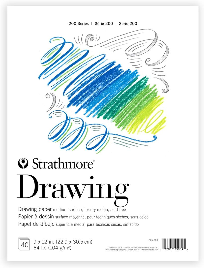 Strathmore 200 Series Drawing Paper, Tape Bound Pad, 9x12 inches, 40 Sheets (64lb/104g) - Artist Paper for Adults and Students - Charcoal, Colored Pencil, Ink, Pastel, Marker