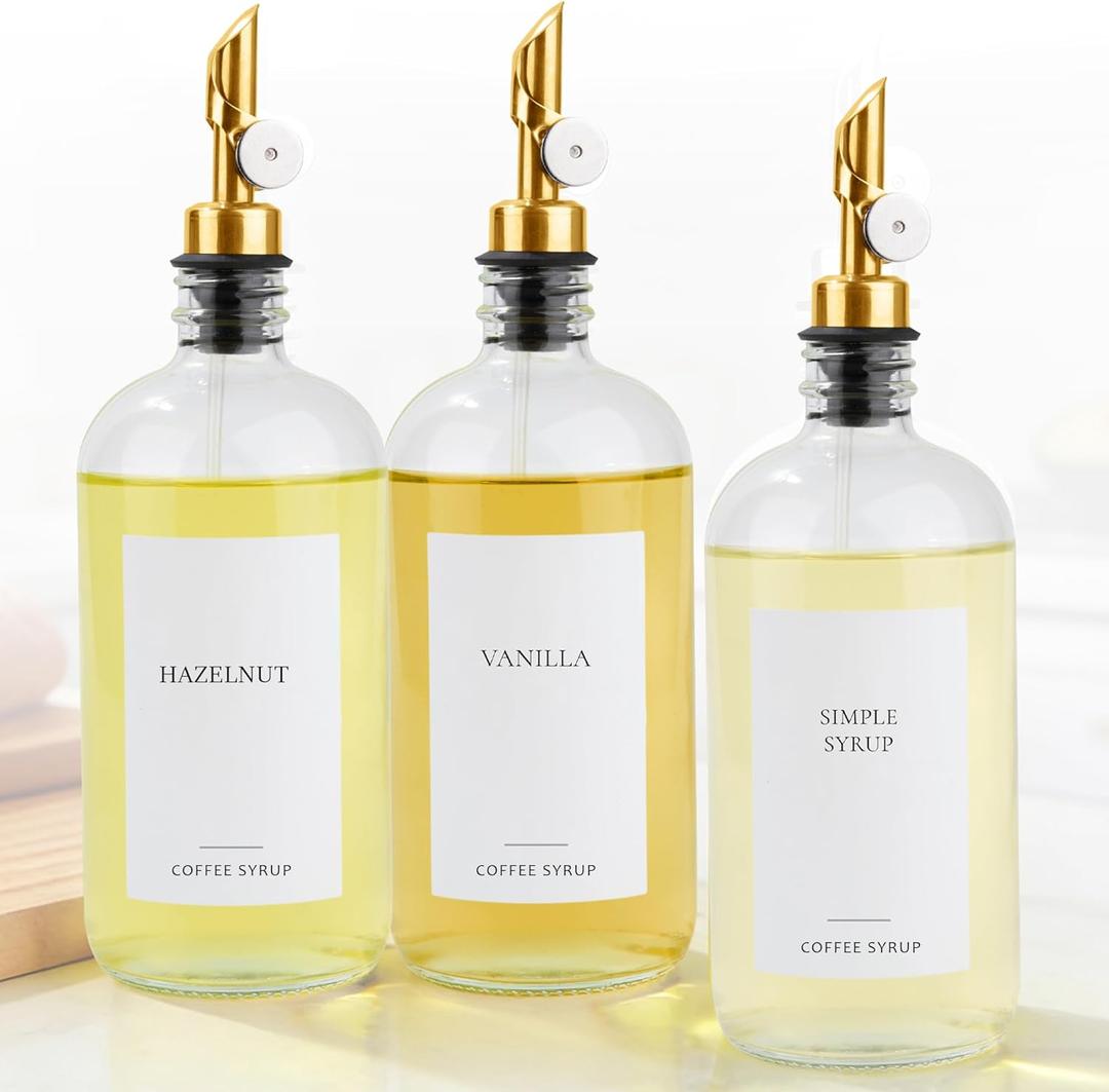 Set of 3 Coffee Syrup Glass Dispenser Bottles 16.23oz Pump Bottles with 20 Labels for Coffee Bar Organization