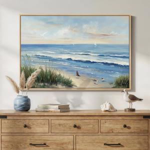 Framed Coastal Beach Blue Canvas Wall Art, Ocean Landscape Prints Paintings, Large Nature Pictures Wall Decor for Bedroom, Dining Room, Bathroom, Office, Kitchen, Farmhouse Living Room, 24x36 In