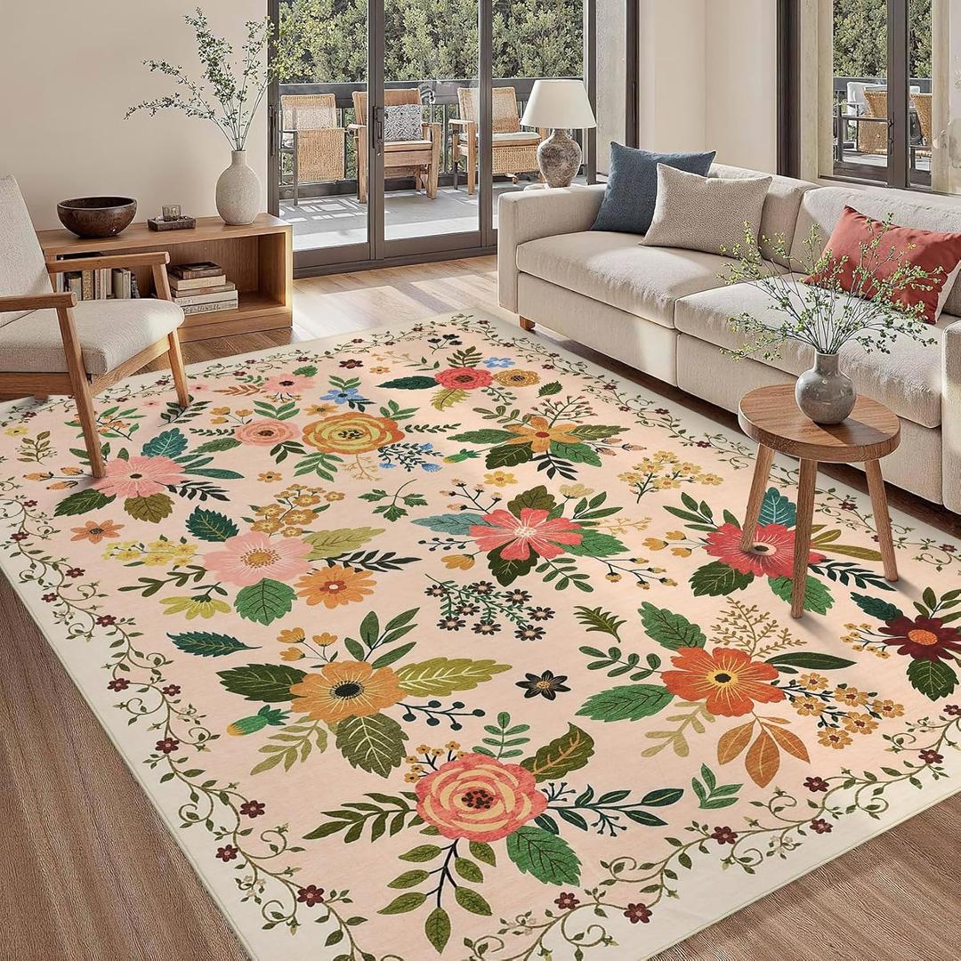Garvee Home Non-Shedding 5x7 Area Rug Boho Floral Rug Non Slip Low Pile Machine Washable Stain Resistant Large Rugs for Living Room, Bedroom, Farmhouse, Dining Room, Kids Playroom, Pink