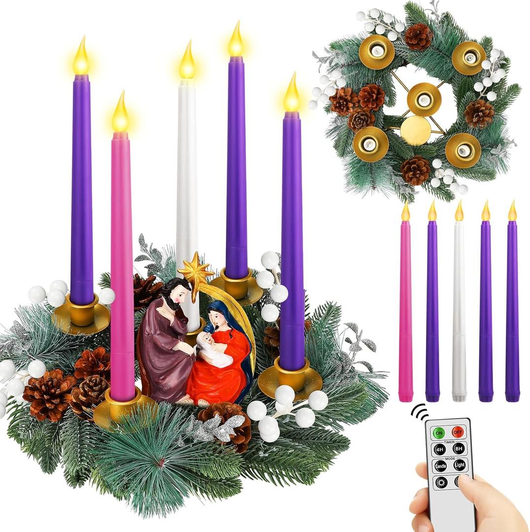 Tioncy 12 Inch Christmas Advent Wreath Candle Holder with Nativity Scene Figurine 5 Flameless Candles Remote Control Wreath Holder Centerpiece Decoration with Berries(White Berries, 11 x 0.8 x 0.8 In)