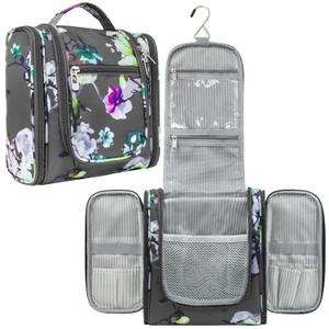 PAVILIA Toiletry Bag Travel Bag for Women Men, Hanging Cosmetic Organizer, Water Resistant Makeup Bag for Accessories Toiletries, Large Travel Essentials Kit (Floral Grey) (Standard (9x4x9))