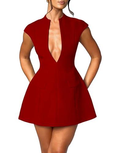 LuFeng Women's Summer Sexy Cap Sleeve Deep V Neck Zipper A-line Mini Dress Hollow Bodycon Night Out Party Dress, L