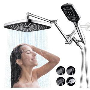 Cuzubro 12" High Pressure Rainfall Shower Head With Handheld Spray, Waterfall Shower Heads, Dual Showerhead With 71" Hose, 3-Way Diverter, Height/Angle Adjustable, Anti-Clog Nozzles, Chrome