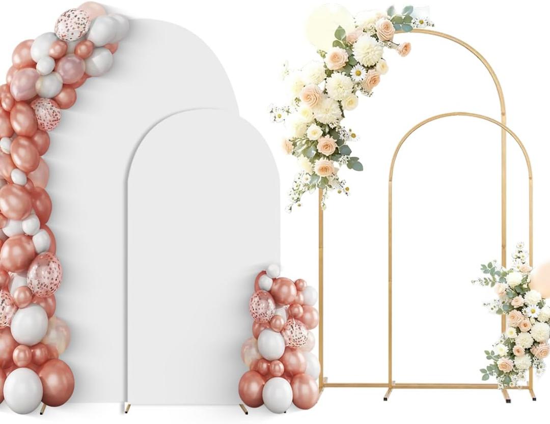 Gold Arch Backdrop Stand Set of 2 With White Cover (7.2FT+6FT) Metal Arched For Wedding Christmas Birthday Party Baby Shower Ceremony Event Decor