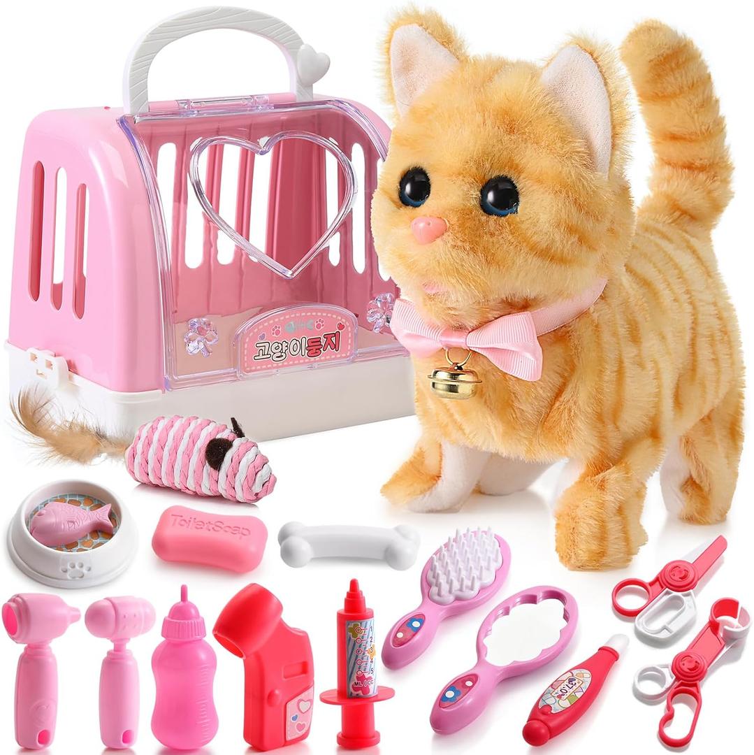WorWoder 15PC Robot Plush Electronic Interactive Cats That Move and Meow Walking Wagging Lifelike Stuffed Kitten Toy pet for Girls Kid Parts(Yellow)