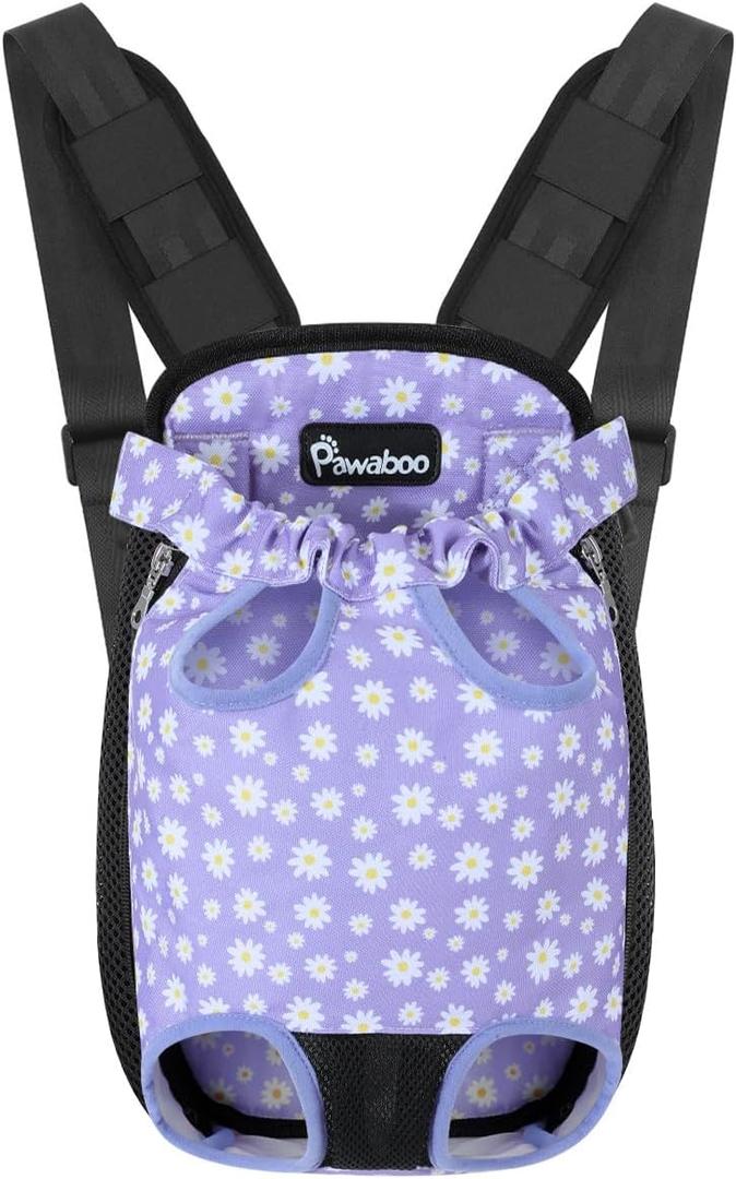Pawaboo Pet Carrier Backpack, Adjustable Pet Front Cat Dog Carrier Backpack Travel Bag, Legs Out, Easy-Fit for Traveling Hiking Camping for Small Medium Dogs, Large Size, Black & Purple Daisy