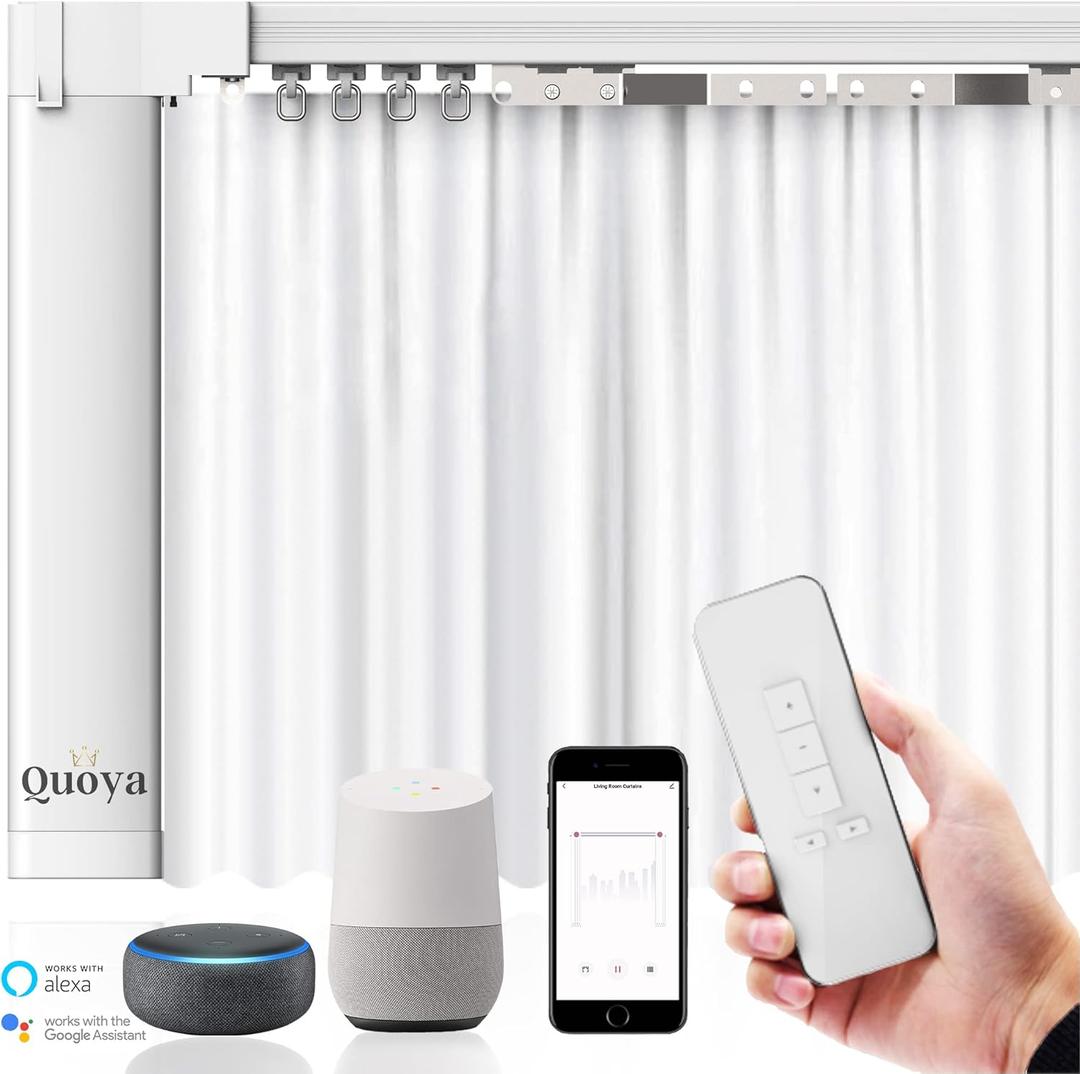 Quoya Smart Electric Curtain Track AT5810Up to 5m (196in) - Motorised and Adjustable , with Automated Rail Motor with App, Voice, Remote Control, Compatible with Alexa, Google and Siri